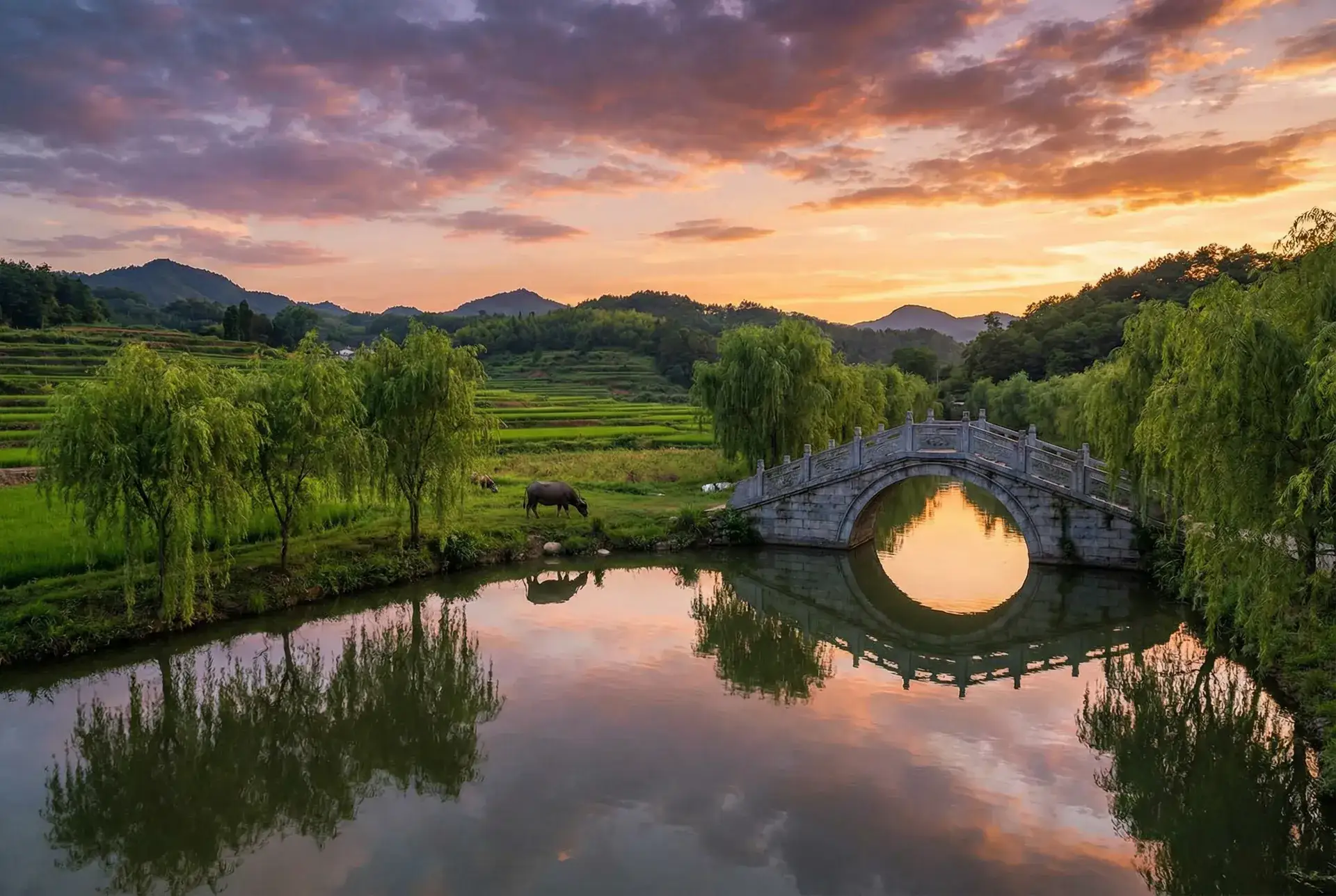 夕阳下的石拱桥与垂柳，水牛在河边吃草 - 草莓穆斯塔 全套 乡村美景